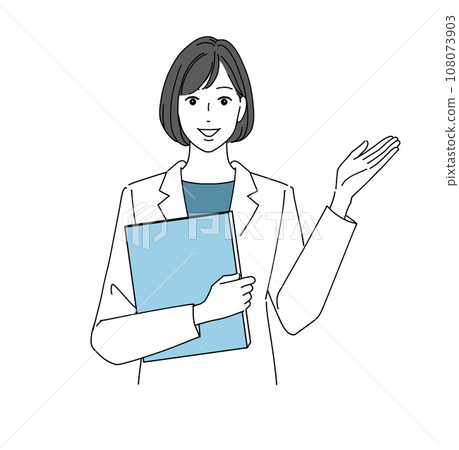 一個穿著白大褂的女人帶著微笑指導 一個穿著白大褂的女人帶著微笑指導 108073903