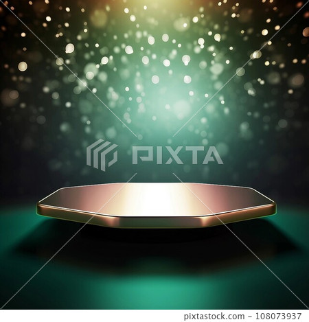 Square banner with white bokeh lights and rounded octagonal exhibition stand on dark green background. AI generated image Square banner with white bokeh lights and rounded octagonal exhibition stand on dark green background. AI generated image 108073937