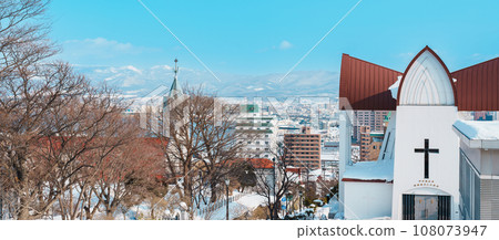 Episcopal Church with snow in winter season, founded by an English priest who visited Hakodate in 1874. landmark and popular for attractions in Hokkaido, Japan. Travel and Vacation concept 108073947