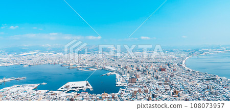 Beautiful landscape and cityscape from Hakodate Mountain with Snow in winter season. landmark and popular for attractions in Hokkaido, Japan.Travel and Vacation concept 108073957