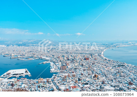 Beautiful landscape and cityscape from Hakodate Mountain with Snow in winter season. landmark and popular for attractions in Hokkaido, Japan.Travel and Vacation concept 108073964