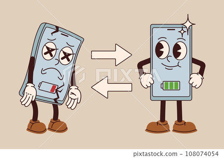 Cartoon trade-in smartphone deal. Mobile phone battery changing, exchange old gadget to new device vector illustration Cartoon trade-in smartphone deal. Mobile phone battery changing, exchange old gadget to new device vector illustration 108074054