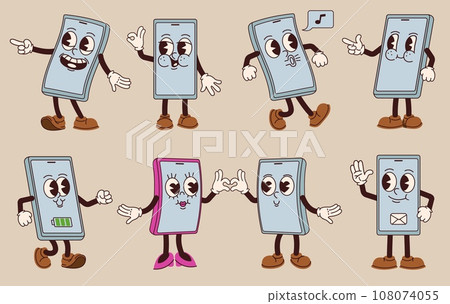 Cartoon smartphone mascot. Mobile phone characters, funny gadget screen with 1930s animation style face and rubber hose hands and legs vector illustrations set Cartoon smartphone mascot. Mobile phone characters, funny gadget screen with 1930s animation style face and rubber hose hands and legs vector illustrations set 108074055