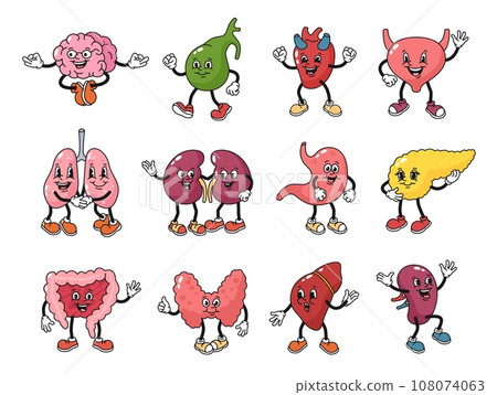 Cartoon organs characters. Health mascot for human body internal parts, anatomy vector illustration set Cartoon organs characters. Health mascot for human body internal parts, anatomy vector illustration set 108074063