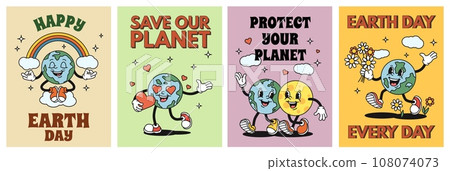 Cartoon planet Earth posters. Happy Earth day sticker, save our planet flyer with retro globe mascot character vector illustration set 108074073