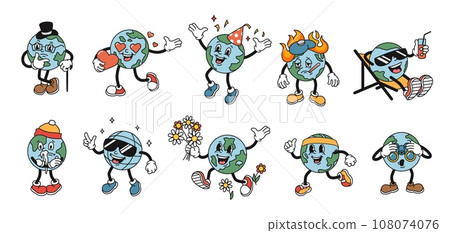 Cartoon planet Earth mascot. Funny globe in style of 1930s rubber hose animation character. Isolated vector illustration set 108074076