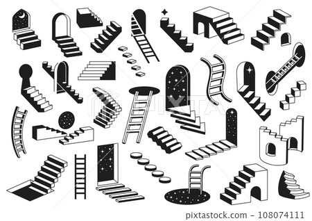 Surreal ladders. Mystery stairways, dreamy stairwells and abstract levels. Black and white flight of steps vector illustration set 108074111