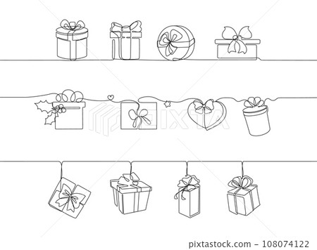 Continuous one line gifts dividers. Christmas gift border, hand drawn gifting boxes seamless garland horizontal pattern vector illustration set 108074122