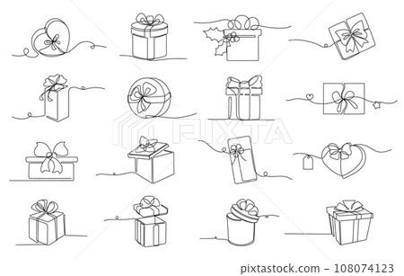 Continuous one line gift boxes. Wrapped present, cardboard box with ribbon bow for Christmas gifts single stroke vector illustration set 108074123