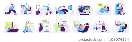Gamers play video games. Arcade, VR, computer and gaming console game players flat vector illustration set 108074124