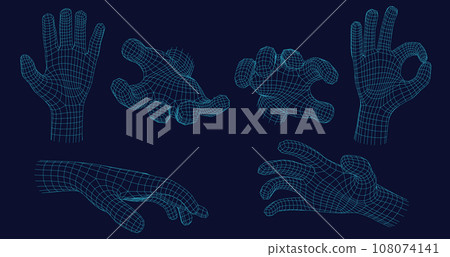 Wireframe hand gestures. Grabbing gesture, open palm and digital ok hand sign in futuristic 3D hologram mesh grid style vector set with editable stroke paths Wireframe hand gestures. Grabbing gesture, open palm and digital ok hand sign in futuristic 3D hologram mesh grid style vector set with editable stroke paths 108074141