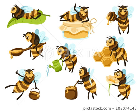 Cartoon honey bee mascot. Cute bee character with organic honey pot, bottle and flower vector illustration set Cartoon honey bee mascot. Cute bee character with organic honey pot, bottle and flower vector illustration set 108074145