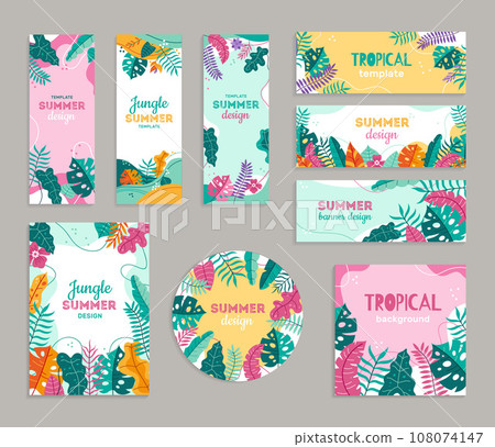 Tropical banner template. Nature inspired frame with tropical plants leaves, coaster and poster background design vector set Tropical banner template. Nature inspired frame with tropical plants leaves, coaster and poster background design vector set 108074147