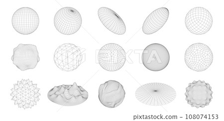 Wireframe 3D circle grid shapes. Geometric sphere mesh, abstract round figures vector set with editable stroke paths 108074153