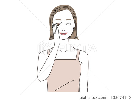 微笑的女人把手放在臉頰上眨眨眼睛 微笑的女人把手放在臉頰上眨眨眼睛 108074160