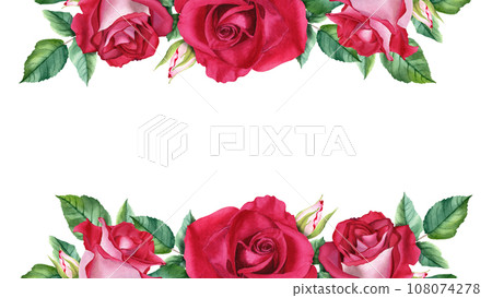 Horizontal banner, frame with red rose blooms, buds and leaves. Watercolor Illustration isolated on white for cards, invitation 108074278