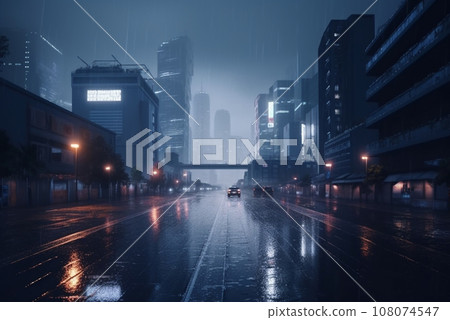 AI-generated content. Cyberpunk neon city night, Dark rainy evening with skyscrapers 108074547