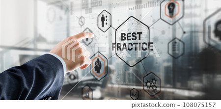 Best Practice concept with hand pressing icons. Businessman touching finger inscription 108075157