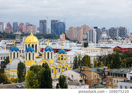 Amazing Ukraine Kyiv Kiev beautiful church. St Volodymyr's Cathedral. Top view from drone aerial photo. Famous tourist places Amazing Ukraine Kyiv Kiev beautiful church. St Volodymyr's Cathedral. Top view from drone aerial photo. Famous tourist places 108075220
