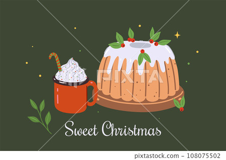 Christmas card or poster with dessert and drink. Vector graphics. 108075502