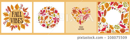 autumn frames and compositions of leaves, mushrooms and berries. Vector graphics. 108075509