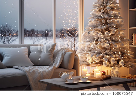 Christmas, white modern living room with a snowy forest outside the window. Modern interior design 108075547
