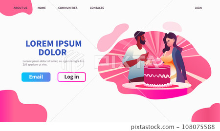 pregnant woman with african american husband with cake preparing for baby shower party pregnancy motherhood expectation concept 108075588