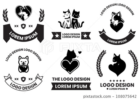 pets with hearts logo in animal clinic concept in flat line art style pets with hearts logo in animal clinic concept in flat line art style 108075642