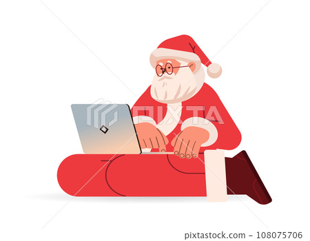 santa claus in red costume typing on laptop happy new year merry christmas holidays celebration concept isolated 108075706