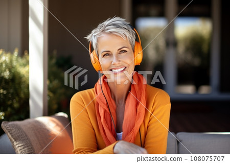 Charming Caucasian woman wearing headphones sits in comfortable chair in a country house. Happy smiling middle-aged lady listens to music and enjoys the silence of her garden. Leisure and relaxation. 108075707