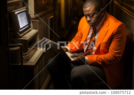 Mature African American man in elegant suit with tablet sitting in a small room or lab with monitor. Confident man, successful entrepreneur or employee working online. Remote work concept. Mature African American man in elegant suit with tablet sitting in a small room or lab with monitor. Confident man, successful entrepreneur or employee working online. Remote work concept. 108075712