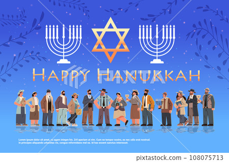 jewish men women in traditional clothes different israel people standing together happy hanukkah judaism religious holidays concept 108075713