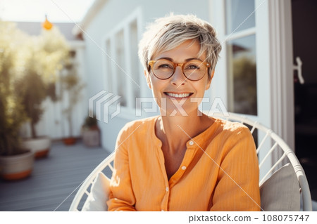 Smiling middle-aged woman sitting on the terrace of her cozy country house. Attractive blonde female with short hairstyle enjoys silence of her beautiful garden. Adult lady with happy smile relaxed. 108075747