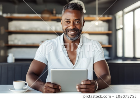 Cheerful African American man in casual clothes with tablet and cup of coffee sitting in cafe. Smiling mature man, successful entrepreneur or employee working online. Remote work concept. 108075755