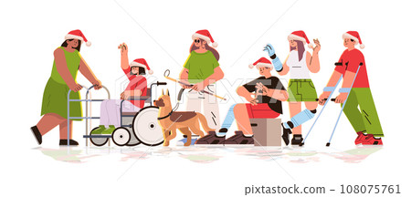 group of young disabled men and women in Christmas Santa Claus hats standing together feeling positive and confident people with disabilities 108075761