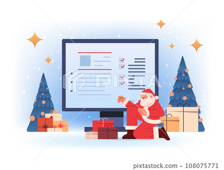 santa claus in red costume choosing resume curriculum vitae of new employees job candidates recruitment hiring happy new year merry christmas 108075771