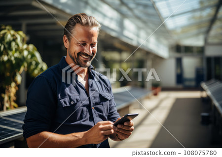 Smiling middle-aged man with a smartphone against the background of solar panels. Experienced entrepreneur runs a business installing solar panels. Alternative energy and smart home technology. Smiling middle-aged man with a smartphone against the background of solar panels. Experienced entrepreneur runs a business installing solar panels. Alternative energy and smart home technology. 108075780