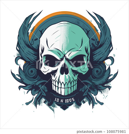 Skull emblem vector logo. Agressive human skull with wings 108075981