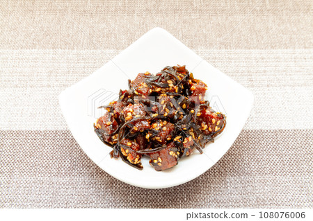 Tuna tsukudani on a plate, tuna kelp 108076006