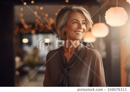 Portrait of beautiful middle-aged woman in a clothing and accessories store. Mature owner or manager with elegant hairstyle greets customers. Successful small business in beauty and fashion industry. 108076311