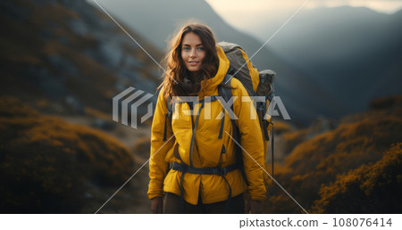 Portrait of a beautiful young woman in yellow jacket with a backpack against the backdrop of picturesque mountains. Female tourist is engaged in hiking. Active lifestyle, travel and trekking concept. 108076414