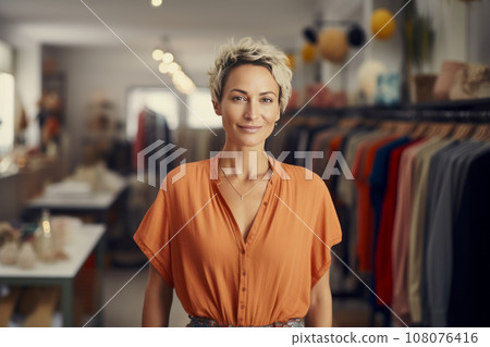 Portrait of beautiful young woman in a women's clothing and accessories store. Owner or manager with elegant short hairstyle greets customers. Successful small business in beauty and fashion industry. Portrait of beautiful young woman in a women's clothing and accessories store. Owner or manager with elegant short hairstyle greets customers. Successful small business in beauty and fashion industry. 108076416
