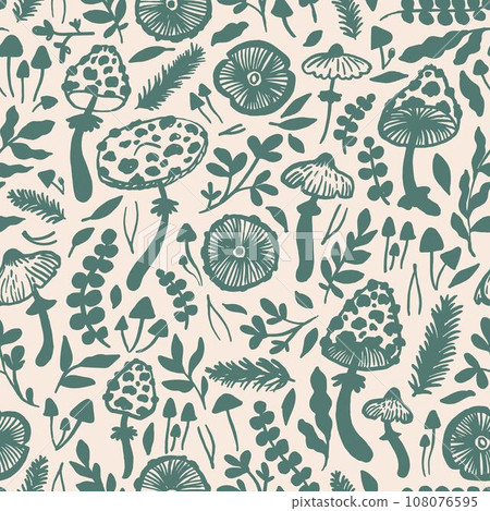 Hand drawn mushrooms seamless vector pattern. Mushroom caps, berries, fir branches, fir needles leaves for printing, fabric, textile, manufacturing, wallpapers. 108076595