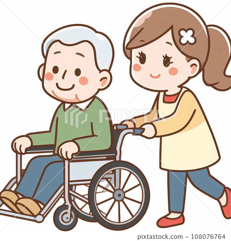 An old man in a wheelchair and a woman assisting him An old man in a wheelchair and a woman assisting him 108076764