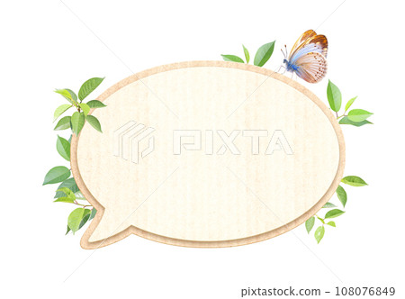 Green leaves and empty comic speech bubble from recycled carton material. Sustainable development of strategy approach to zero waste, responsible consumption. Eco-friendly concept Green leaves and empty comic speech bubble from recycled carton material. Sustainable development of strategy approach to zero waste, responsible consumption. Eco-friendly concept 108076849