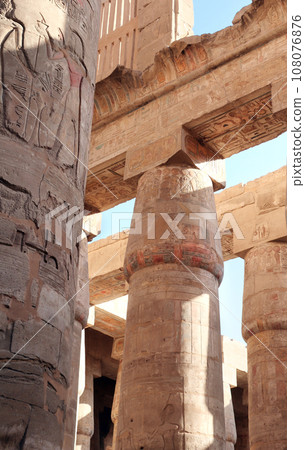 Ancient Column With Colorful Mural Wall Painting, Karnak temple complex, Luxor, Egypt, North Africa Ancient Column With Colorful Mural Wall Painting, Karnak temple complex, Luxor, Egypt, North Africa 108076876
