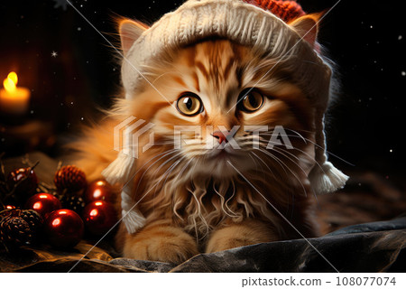 Cute ginger red kitten in a winter knitted hat Cute ginger red kitten in a winter knitted hat 108077074