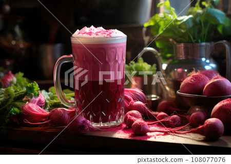 Beetroot latte in a mug on the table Beetroot latte in a mug on the table 108077076