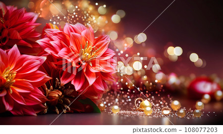 紅色的花朵、閃亮的光線和空白背景 AI 生成的圖像 108077203