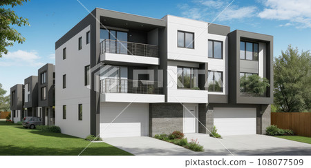 Modern apartments residential townhouses. Street with modern modular private townhouses. Appearance of residential architecture Modern apartments residential townhouses. Street with modern modular private townhouses. Appearance of residential architecture 108077509